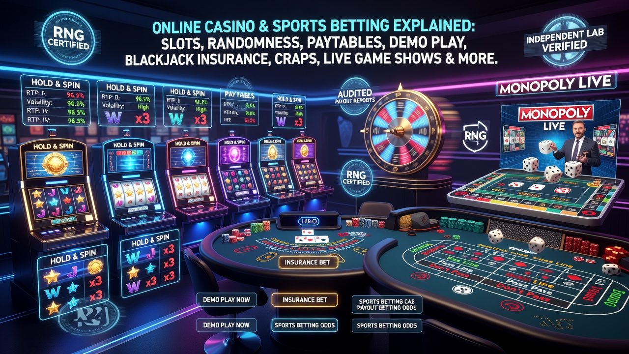 Online Casino and Sports Betting Explained: Slot Features, Randomness, Paytables, Demo Play, Blackjack Insurance, Craps, Live Game Shows and More